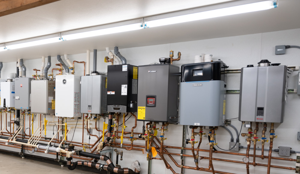 Tankless heaters on display.