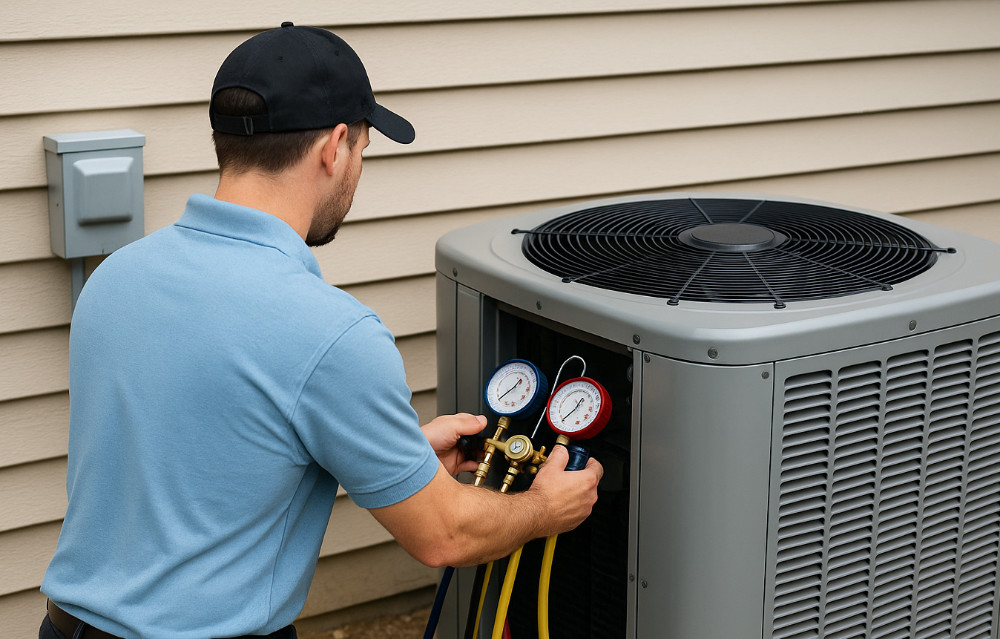HVAC technician servicing an outdoor AC unit.