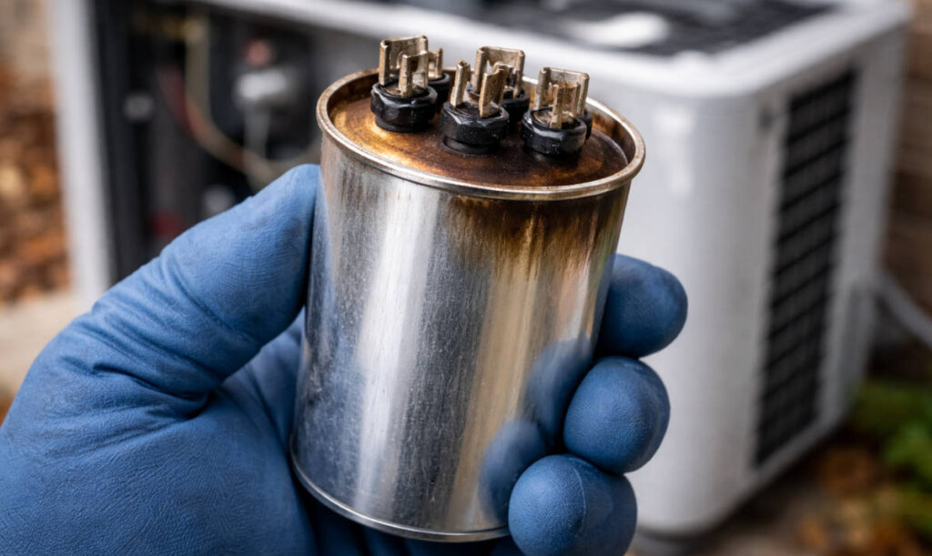 Burnt heat pump capacitor.