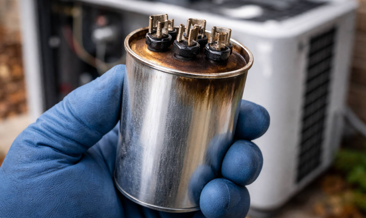 Burnt heat pump capacitor.