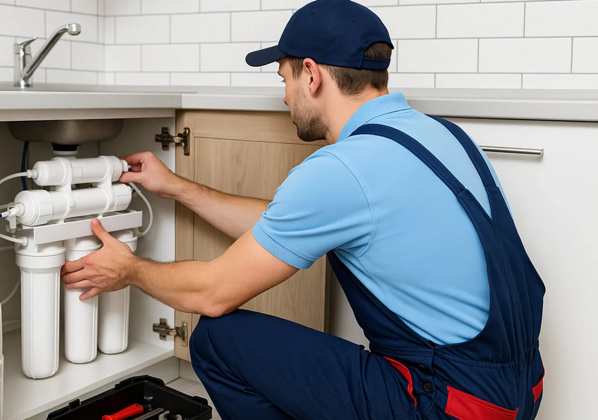 Plumber installing a water filtration system.